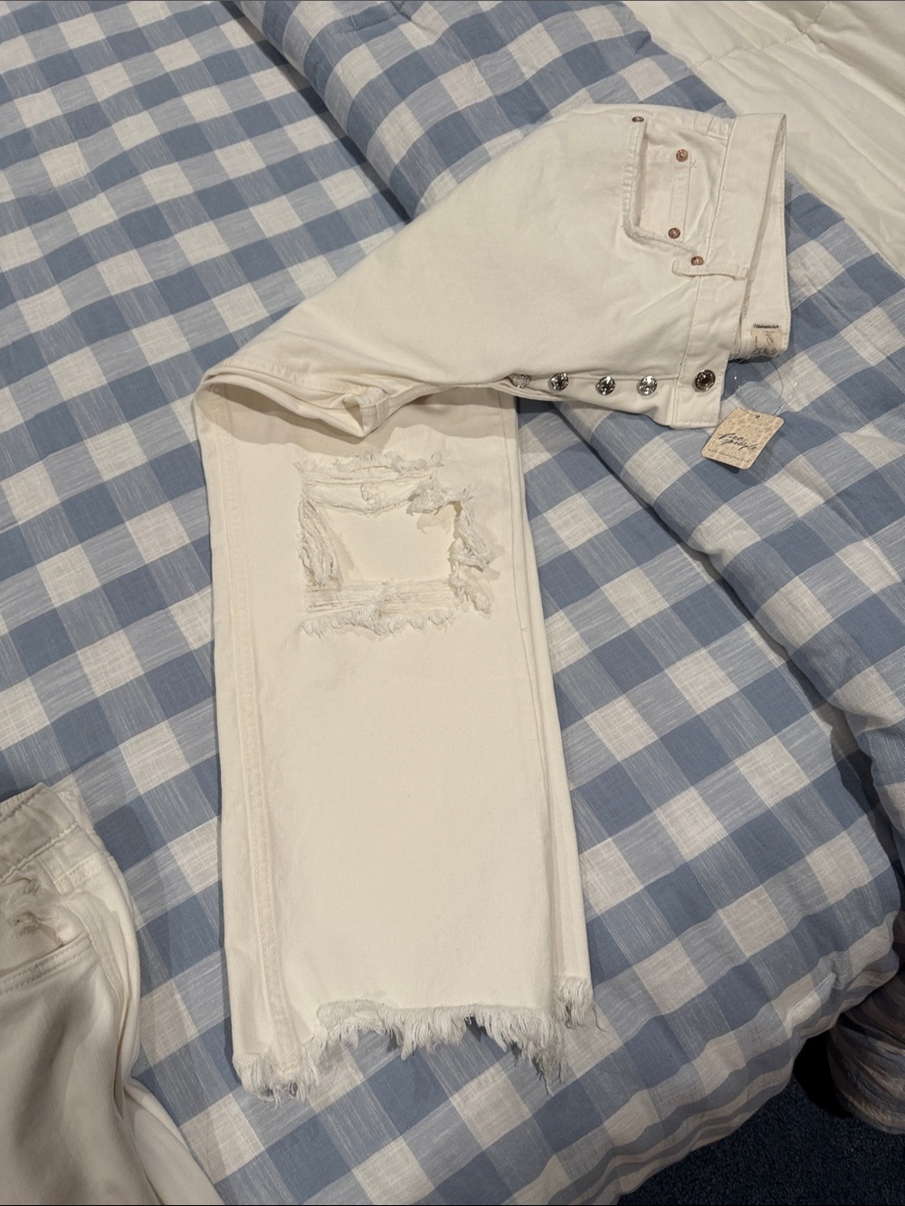 Free People White Distressed Straight-Leg Jeans with Button Hem